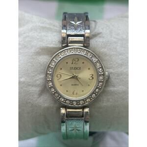 Studio Time Silver Tone Rhinestone Bezel Women’s Cuff Watch